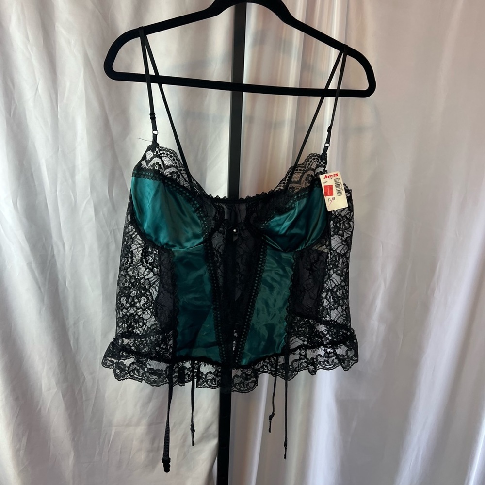 Ames Vintage Deadstock Green and Black Lingerie Top, size 2X NWT
